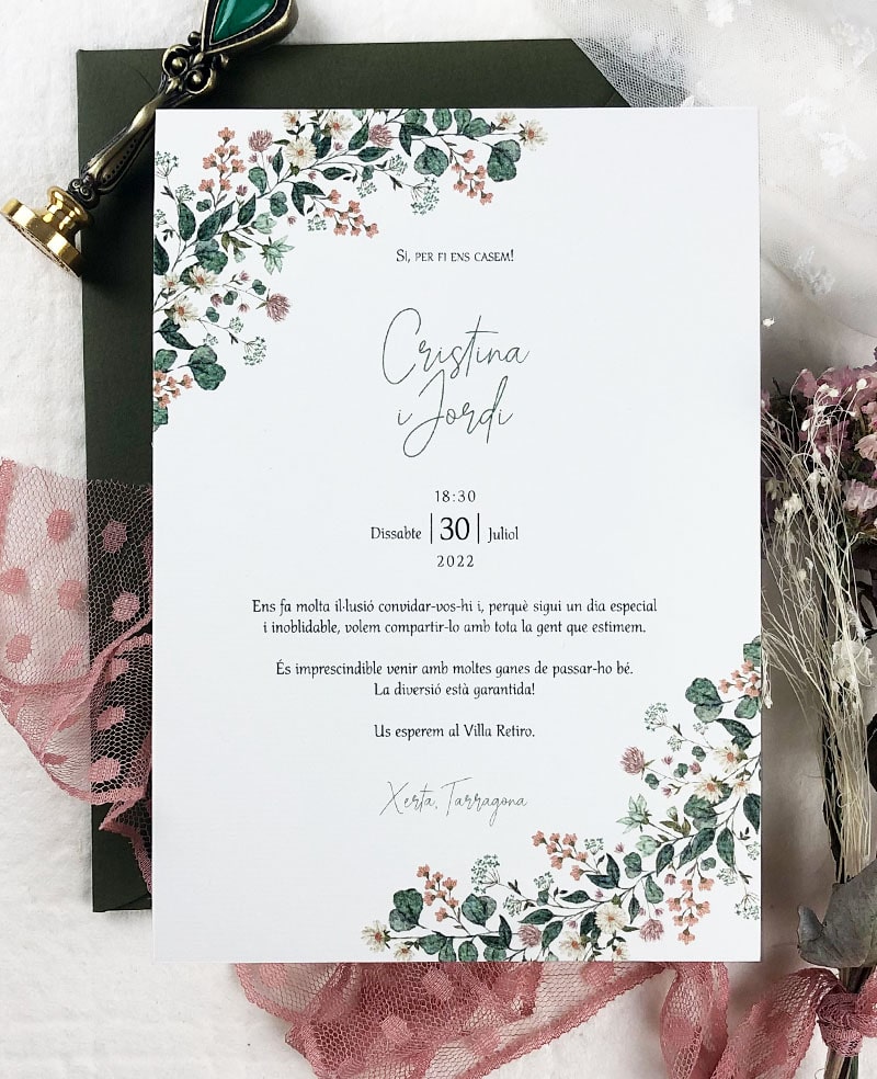 invitaciones de boda con eucalipto y flores