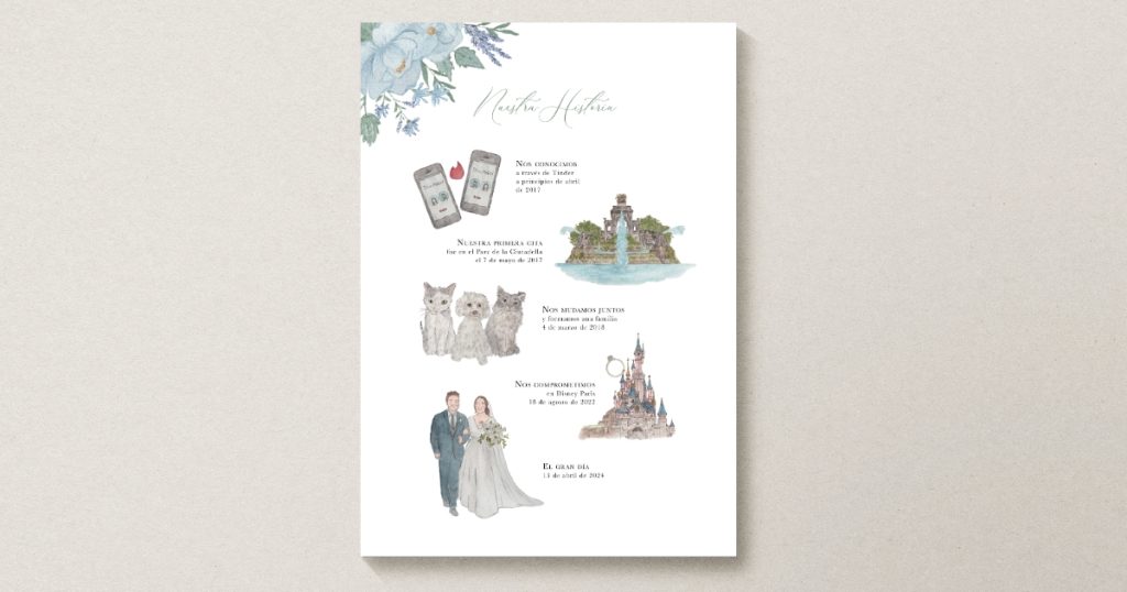 incluye a tu perro o tu gato en la boda con la ilustración de vuestra historia de amor. 