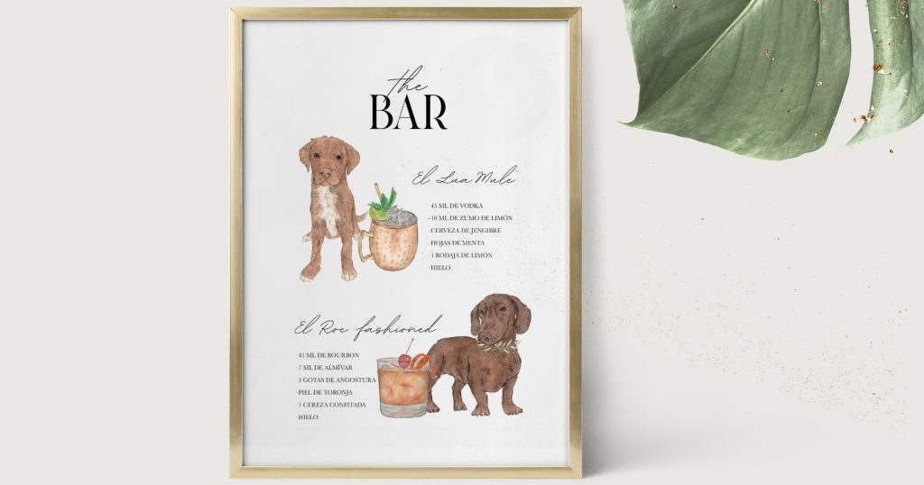 Personaliza un cocktail de vuestra boda con una carta ilustrada en honor a vuestro perro o mascota. 